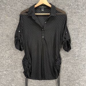 Amang NY Blouse Women L Large Black Polka Dot Collared 3/4 Sleeve 1/2 Button